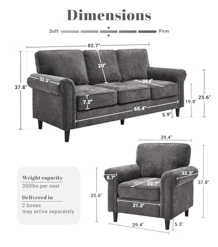 Image of Kingfun 3 Seater Couch with Chair, Mid Century Modern Sofa Set with Rolled Arms and Deep Seats, Fluffy Comfort for Living Room, Apartment, Easy Assembly, Grey