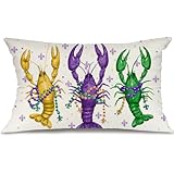 GEEORY Mardi Gras Pillow Cover 12x20 Inch, Lobster Fleur De Lis Beads Decor, Farmhouse Holiday Throw Pillow Case for Carnival Party Sofa Couch