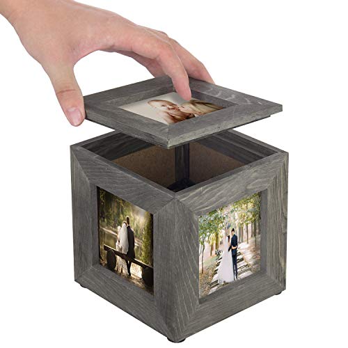 Product Image of the MyGift 5 Inch Vintage Gray Solid Wood Mini Photo Cube and Hidden Keepsake Gift Box, Decorative Table Centerpiece Wooden Picture Holder Frame, Display Five Square Photos up to 3.5”