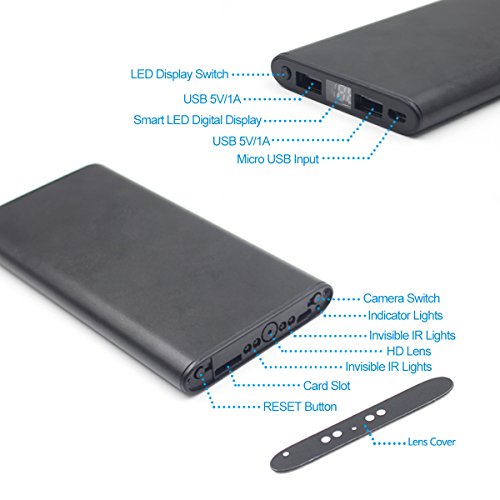 KAMRE 1080P 10000mAh Portable WiFi Power Bank Hidden Spy Camera Nanny Cam with Motion Detection, Night Vision and Smart LED Light Digital Display, Black