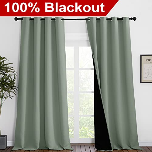 Image of NICETOWN Full Shading Curtains for Windows, Super Heavy-Duty Black Lined Blackout Curtains for Bedroom, Privacy Assured Window Treatment (Greyish Green, Pack of 2, 55 inches W x 102 inches L)