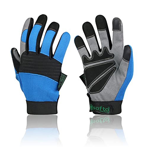 SAFTA Mechanic Gloves, Leather Palm with Breathable Spandex Back, Anti Vibration & Impact Reducing, Automobile, Aviation, Yards, Assembly, Driving & Gardening Work Gloves. (XL(10), Blue Black)