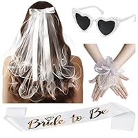 CAwished JGA Accessoires Frauen Hochzeitschleier Handschuhe Schärpe Herz Sonnenbrille Weiß für Junggesellenabschied und Hochzeit Bride to Be JGA Deko