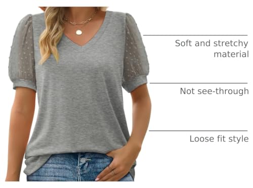 Image of Aokosor Womens Summer Tops V Neck T Shirts Swiss Dot Puff Sleeve Tops Loose Casual Tshirts