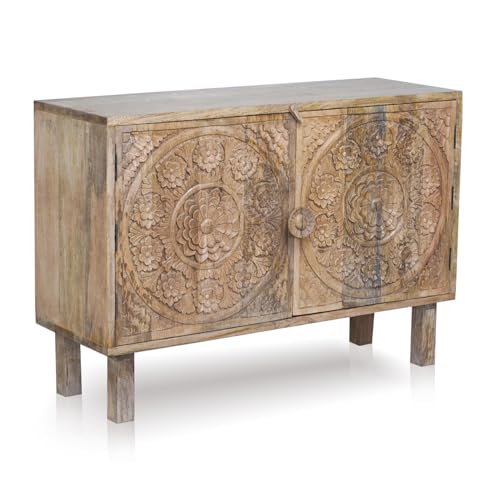 Marrakech Commode vintage avec portes en bois, 104 cm, décoration scandinave, petit buffet sculpté à la main pour un rangement élégant et une décoration orientale...