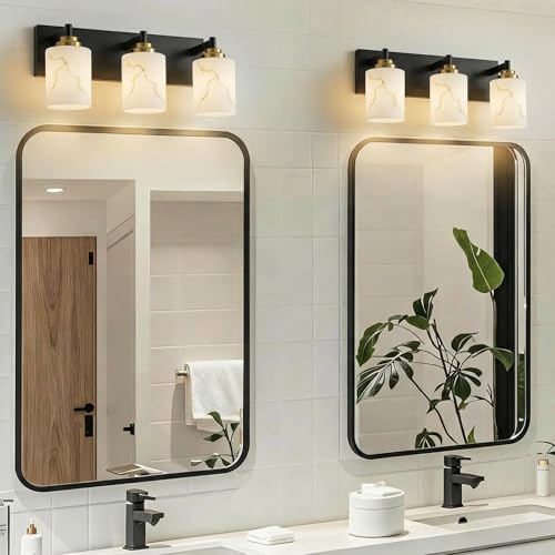 Image of 3-Light Bathroom Light Fixture, Black and Gold Modern Vanity Light with White Marble Glass Shade, for Bathroom Mirror, Living Room, Bedroom, Hallway, E26 Base, Extended Base