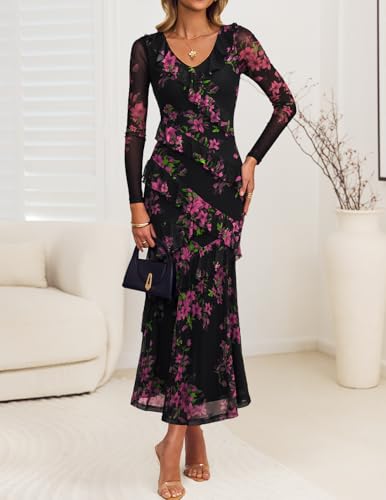 ZESICA Women's Fall Floral Long Sleeve Maxi Dress 2025 Boho Bodycon V Neck Ruffle Wedding Party Long Dresses3