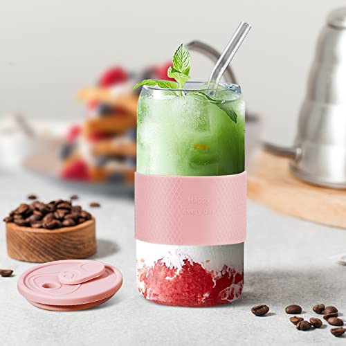 Vozoka Glass Cups With Silicone Lid And Glass Straws, 4 Set -16Oz Drinking Glasses With Colorful Silicone Lids And Sleeve, Iced Coffee Tumbler, Smoothie Cups, Ideal For Water, Soda, Coffee, Gift… #TOP5