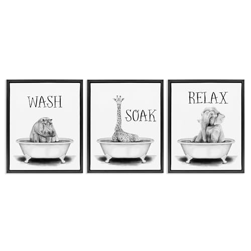 Image of Jungle Animals Bathroom Signage, 24 x 30 Inch Canvas in Floater Frame Set | Stupell Industries . By Rachel Nieman . Ready to hang . Great for bath and laundry . Made in USA
