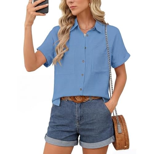 Button Down Shirt for Women Short Sleeve Blouses Dressy Casual Business Work Summer Vacation Tops Hawaii Shirts with Pockets Small Blue