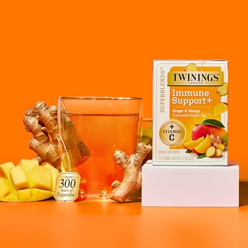 Image of Twinings Superblends Immune Support+ Herbal Tea with Vitamin C, Ginger & Mango Flavoured Green Tea, 16 Tea Bags (Pack of 2), Enjoy Hot or Iced