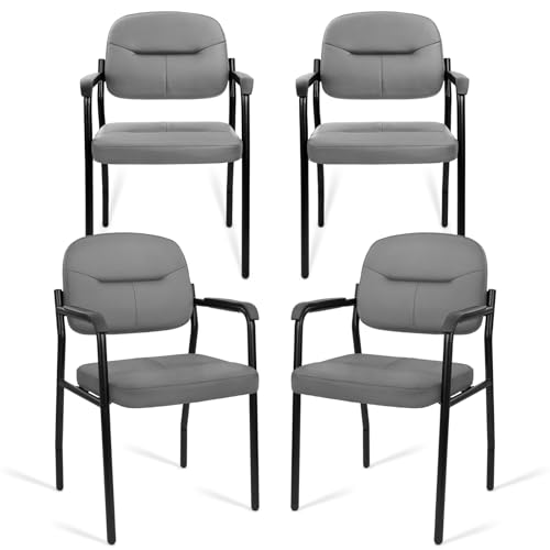 Image of CLATINA Leather Office Guest Chair Sets of 4, Reception Chair No Wheels with Armrests and Lumber Support, Ergonomic Desk Armchair for Meeting Waiting Conference Lobby Room Shool Study, Grey