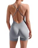 MOOSLOVER Women Strappy Backless Jumpsuits Tummy Control Bodycon Yoga Romper One Piece Workout Jumpsuit Shorts(M,#1 Grey)