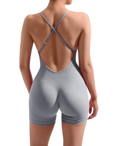 RXRXCOCO Women Strappy Backless Sleeveless All In One Jumpsuit Shorts Bum Lift Yoga Bodycon Romper