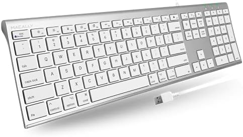 Macally Ultra Slim USB Wired Computer Keyboard - Compatible Apple Keyboard or Windows - Full Size Keyboard with 20 Mac Keyboard Keys - Low Profile Keyboard for iMac Desktop, Macbook Pro/Air