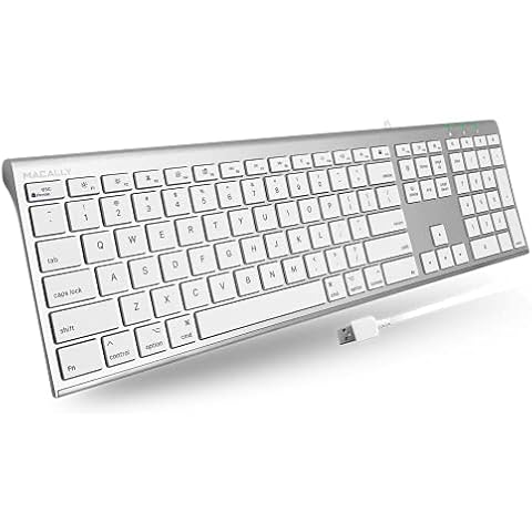 MacAlly Ultra Slim USB Wired Computer Keyboard - Compatible Apple Keyboard or Windows - Full Size Keyboard with 20 Mac Keyboard Keys -with Numeric Keypad - Silver Aluminum Finish Cover