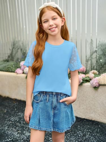 Image of Haloumoning Girls Lace Short Sleeve T Shirts Kids Summer Crewneck Tunic Tops Curved Hem 5-14 Years