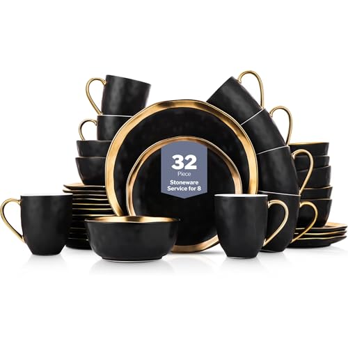 Image of Stone Lain Florian Modern Porcelain Dish Set, 32-Piece Dishes for 8, Gold and Black