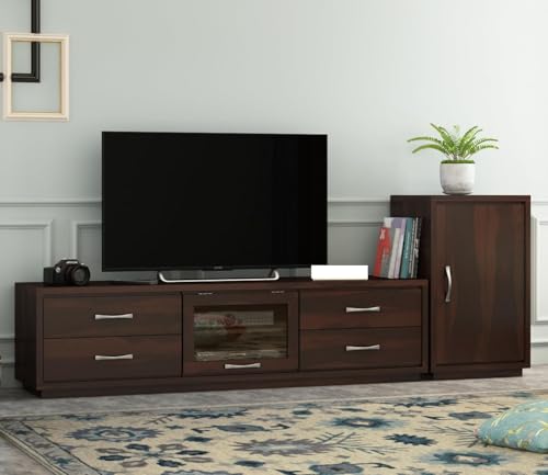 Image of Solid Sheesham Wood TV Unit - 4 Drawers, 2 Shelves, 1-Door Storage - Fits up to 70-Inch TV - Modern Design for Bedroom, Living Room, Hallway - Design 25