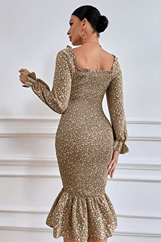 Image of PRETTYGARDEN Women's Long Puff Sleeve Floral Midi Bodycon Dresses Square Neck Ruffle Mermaid Smocked Dress