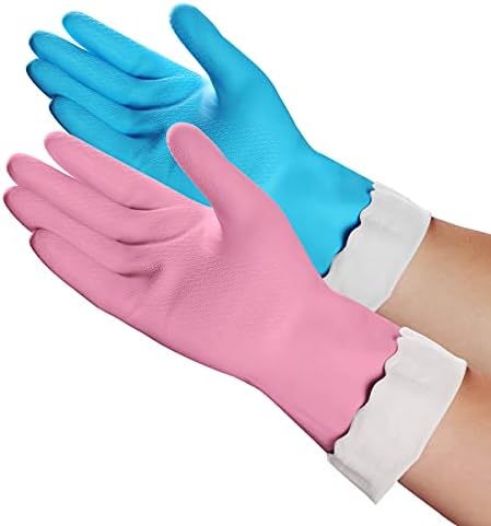 HSL Household Cleaning Gloves - 2 Pairs Reusable Kitchen Dishwashing Gloves with Latex Free, Cotton lining, Waterproof, Non-Slip (Medium)
