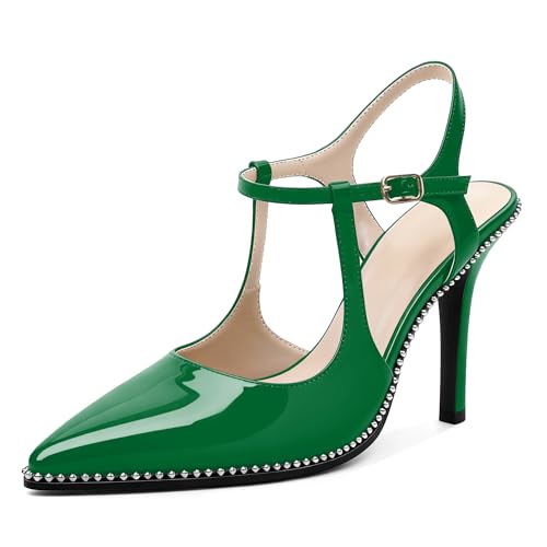 Image of SAMMITOP Womens High Heels Ankle Strap Pointed Toe Stilettos Patent Leather Beaded Pumps Dress Shoes 3.5 Inch