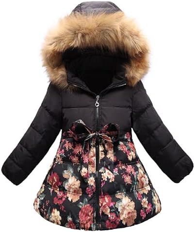 SS&CC Girls' Long Flower Printing Bowknot Winter Hooded Down Jacket 7-8 Years