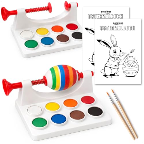 com-four 2x Ostereier-Malset - verbesserte Eiermalmaschine mit Malbuch Pinsel und 8 Farben - Bastelzubehör zum Bemalen von Ostereiern - für Eier bis Größe XL (2x Malset - Mehrfarbig Version 2)