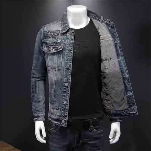 Men's Spring Denim Jacket Retro Slim Fit Single Breasted Lapel Embroidered Letters Motorcycle Jacket3