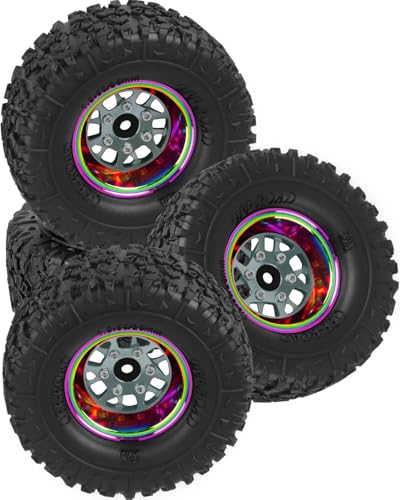 BRCatWPark Aluminum 1.3 Wheel Tires for 1/18 TRX4M 1/24 Axia1 SCX24 RC Crawler Car,1.3 in Alloy Wheel Rims & Rubber Tires,4Pcs RC Truck Car Wheels and Tires w/Sponge,Titanium