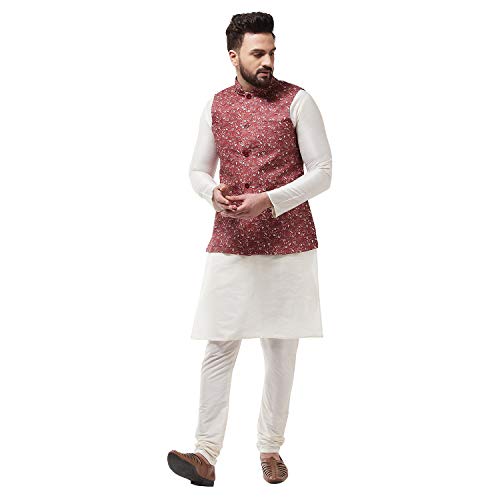 Image of SOJANYA (Since 1958, Men's Silk Blend Pink Kurta Pyjama & Printed Nehrujacket Combo