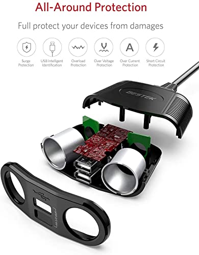 Bestek 150W 2-Socket Cigarette Lighter Splitter Power Adapter Dc Outlet Car Charger Splitter Dual 2.4A Usb Car Cigarette Splitter With 26 Inches Cord For Cellphone Gps Dash Cam #TOP1