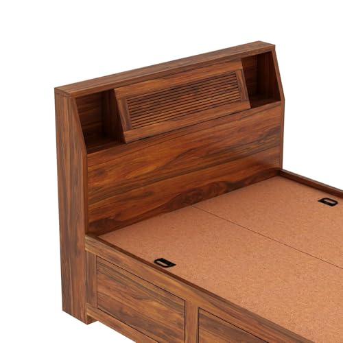 Image of Ganpati Arts Solid Sheesham Wood Marine Groove 4 Feet Bed with Box Storage and Large Headrest for Living Room, Bedroom and Home (Natural Finish) 1 Year Warranty