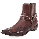  Lizzhen Damen Herren Pointed Toe Niedrige Absatz Winter Klassischer Harness Cowboy Stiefeletten Herbst Retro Ohne Verschluss Westernstiefel Rotwein Gr 38 EU/39CN