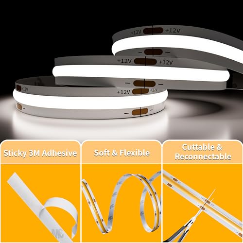 Image of PAUTIX COB LED Strip Light 12V 18ft /5.5m 6000K Daylight White 504LEDs /M Super Bright Flexible CRI93+ LED Tape Lights Bright for Kitchen Home DIY Lighting Projects(Power Supply&Controller Not Included)