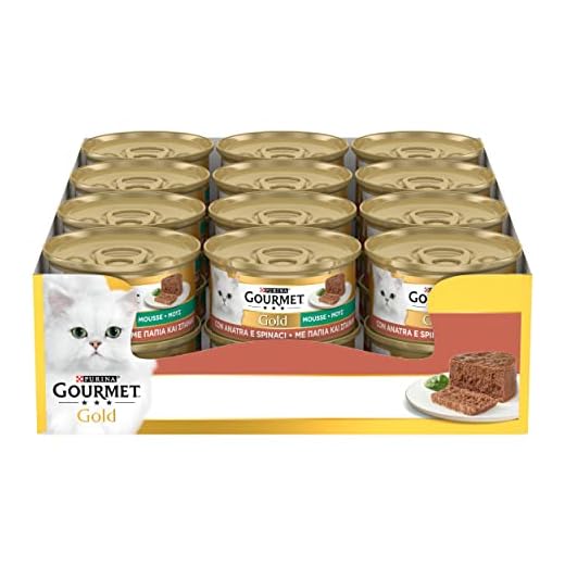 Purina Gourmet Gold Umido Gatto Mousse con Anatra e Un Tocco di Spinaci, 24 Lattine da 85 g Ciascuna, Confezione da 24 x 85 g