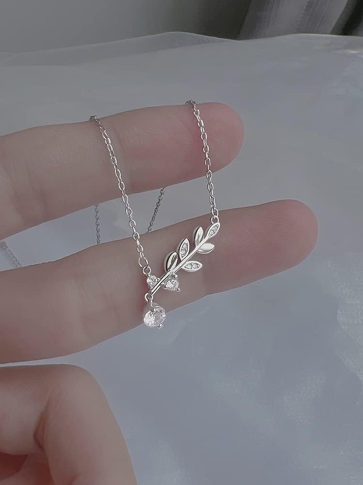 CZ Olive Leaf Pendant Necklace for Women Girls 925 Sterling Silver Cubic Zirconia Crystal Leaves Branch Charm Chain Choker Necklaces Dainty Elegant Birthday Wedding Anniversary Jewelry Gift - Image 4