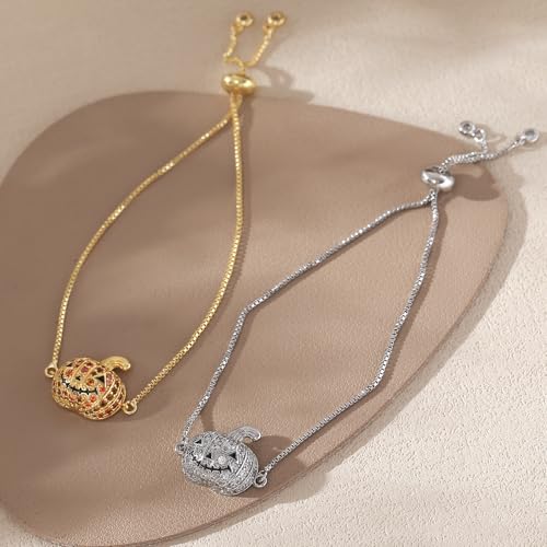 Halloween Pumpkin Bracelet for Women Crystal CZ Autumn Fall Holiday Ornament Adjustable Chain Link Bracelets Gold Plated Dainty Thanksgiving Festive Jewelry4