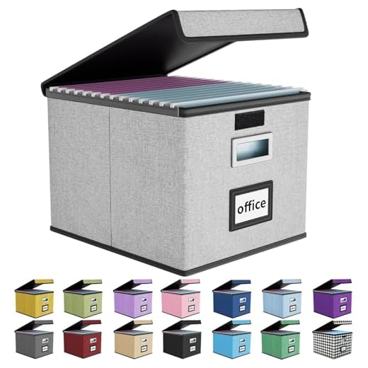 Huolewa Upgraded Portable File Organizer Box with Lid, Collapsible Linen Hanging Filing Storage Boxes with Plastic Slide, Decorative Home/Office Filing System Box for File and Folders Storage (Gray)