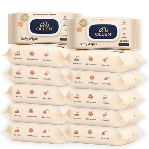 Image of OLLEN Pure water Unscented Baby Wipes with lid- Safe, 100% Plant Made Fabric, Cotton Cloth Like Super thick, Dermatologically Tested- Natural Wet Wipes with Aloe vera & Chamomile (Pack of 12)