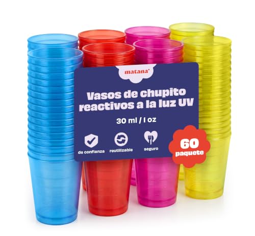 Matana 60 Vasos De Chupito De Plástico Duro Neón, 30ml - Reactiva A Los Rayos Uv - Resistentes Y Reutilizables - Cumpleaños, Bodas, Despedidas De Soltera O Soltero, Barbacoas, Fiestas