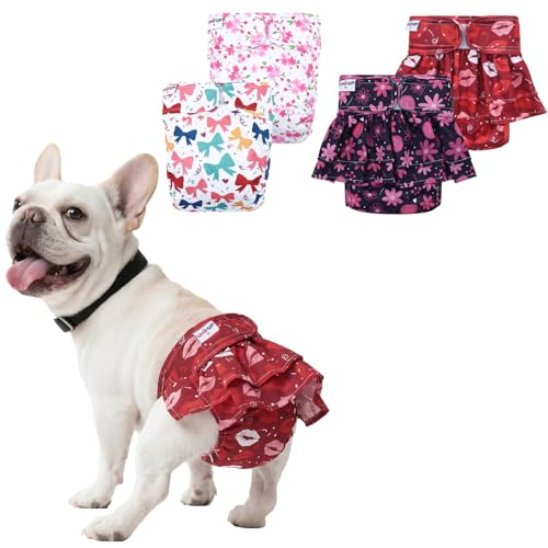 Image of Female Dog Diapers Reusable No Tail Hole Period Panties Washable Diapers Female for Docked-Tail Frenchie French Bulldog Boston Terrier Without Tail (2 Pack Regular+2 Pack Skirts) U-WWDQB06L