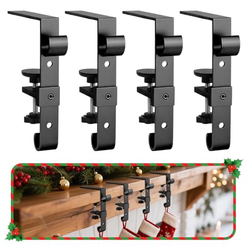 Acrridi Stocking Hangers for Mantel,4 Pcs 2 in 1 Adjustable Fireplace Christmas Stocking Holder,No-Drill, Easy to Install Garland Hanger for Christmas Decorations,Fits 0.1”-3.5”Mantles(Black, 4)