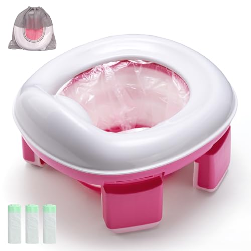 Warmiehomy Portable Travel Potty for Toddlers Kids Baby Foldable Potty Training Toilet Seat for 1-4 Years Boys Girls Indoor Outdoor Carry Potty Travel Toilet with 60pcs Cleaning Bags Pink