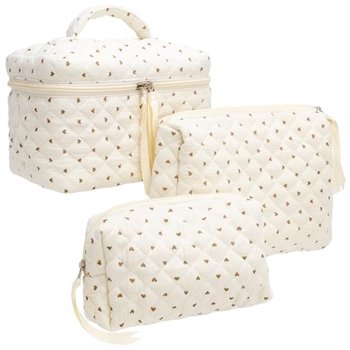 PAZIMIIK 3PCS Makeup Bag SET Large Travel Quilted Zipper Soft Cosmetic Case Pouch for Women Girls Make Up,Gauze Heart Coffee
