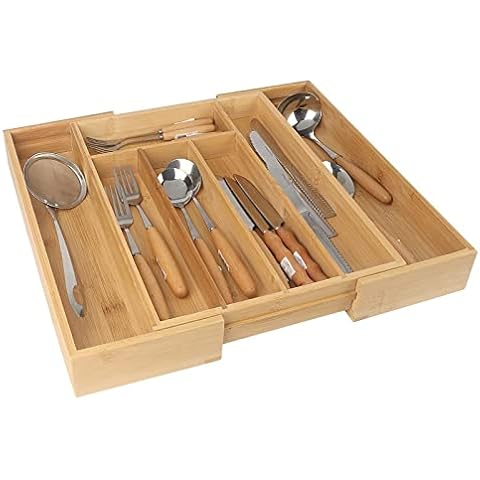 KAHOO Bamboo Kitchen Drawer Organizer, Kitchen Drawer Organizer and Utensil Organizer, Silverware Organizer with Grooved Drawer Dividers for Kitchen Utensil and Flatware Bedroom Office Cover