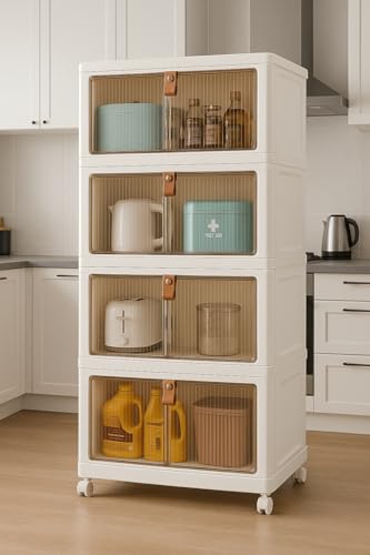 Image of YASONIC π° π§πΆπ²πΏ Foldable Plastic Rack for Storage /Kitchen Cupboard /Versatile and Sturdy Wardrobe for Clothes /Multipurpose Storage Organizer /Closet for Bedroom /Living Room /Laundry Room (Beige)