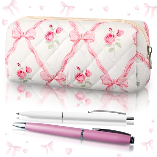 Image of Sherr Coquette Pink Bow Pencil Case Pink Floral Bow Cute Pencil Pouch Soft Cotton Storage Bag Aesthetic Pattern Gift Makeup Pouch Cosmetic Bag for Women Adults