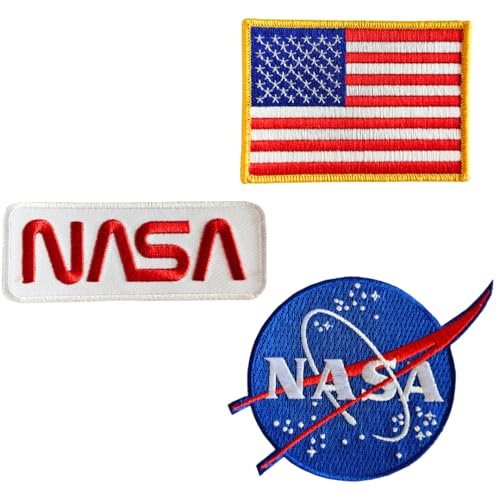 Complete Patches Set for NASA Astronaut Costume - USA Flag, Nasa White-Red (Set of 3) - Iron on and Sew on Embroidery Patch - Can Be Ironed onto Anything You Can Iron