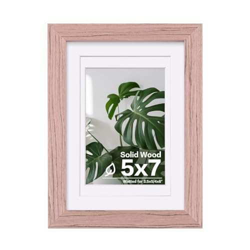 Egofine 5x7 Picture Frame Made of Solid Wood,Covered by Plexiglass Display Pictures 3.5x5/4x6 with Mat or 5x7 Without Mat for Table Top Display and Wall Mounting Photo Frame, Peach Pink